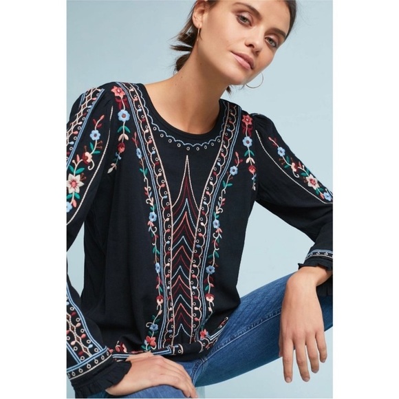 ANTHROPOLOGIE One September Wesley Embroidered Pullover Shirt Top Blouse XS - Picture 1 of 8